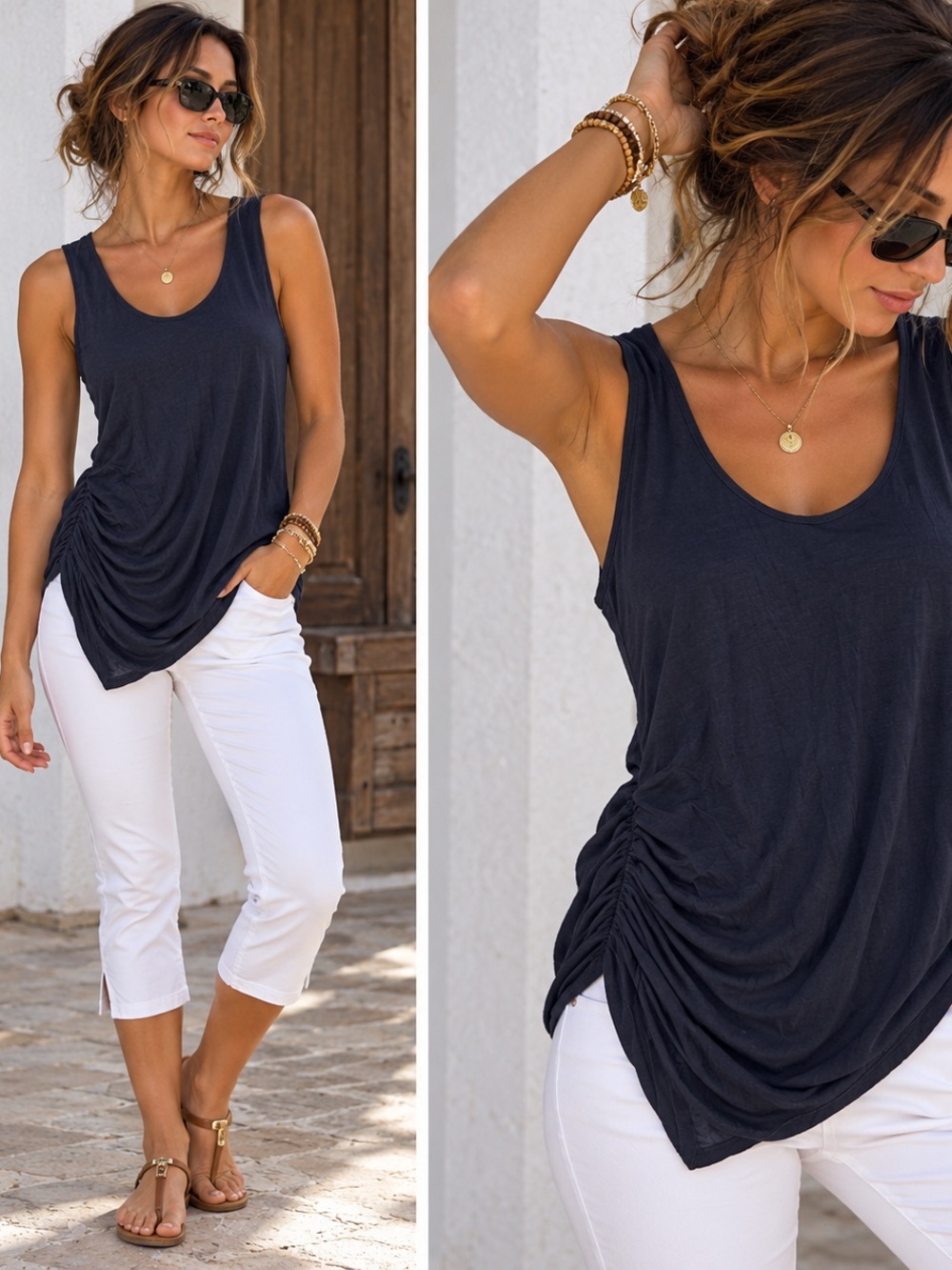 🫐MAKE OFFER🫐 NWT Tart Navy Sid Ruched Scoop Neck Tank Tunic Silk Blend Large